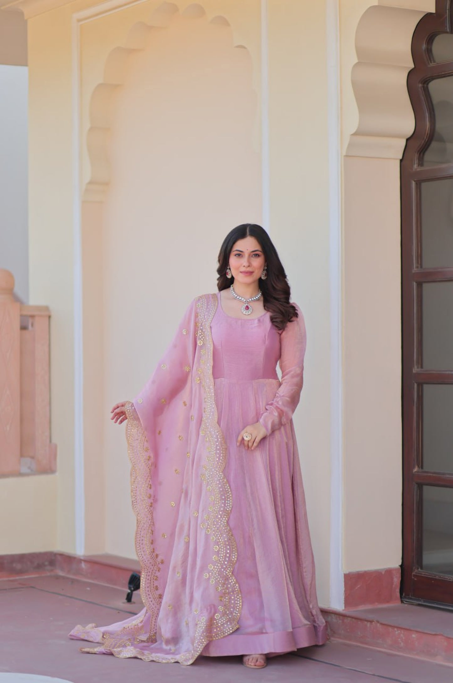 Baby Pink & Light Cream Fendy Gown with Embroidered Dupatta