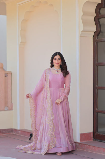 Baby Pink & Light Cream Fendy Gown with Embroidered Dupatta