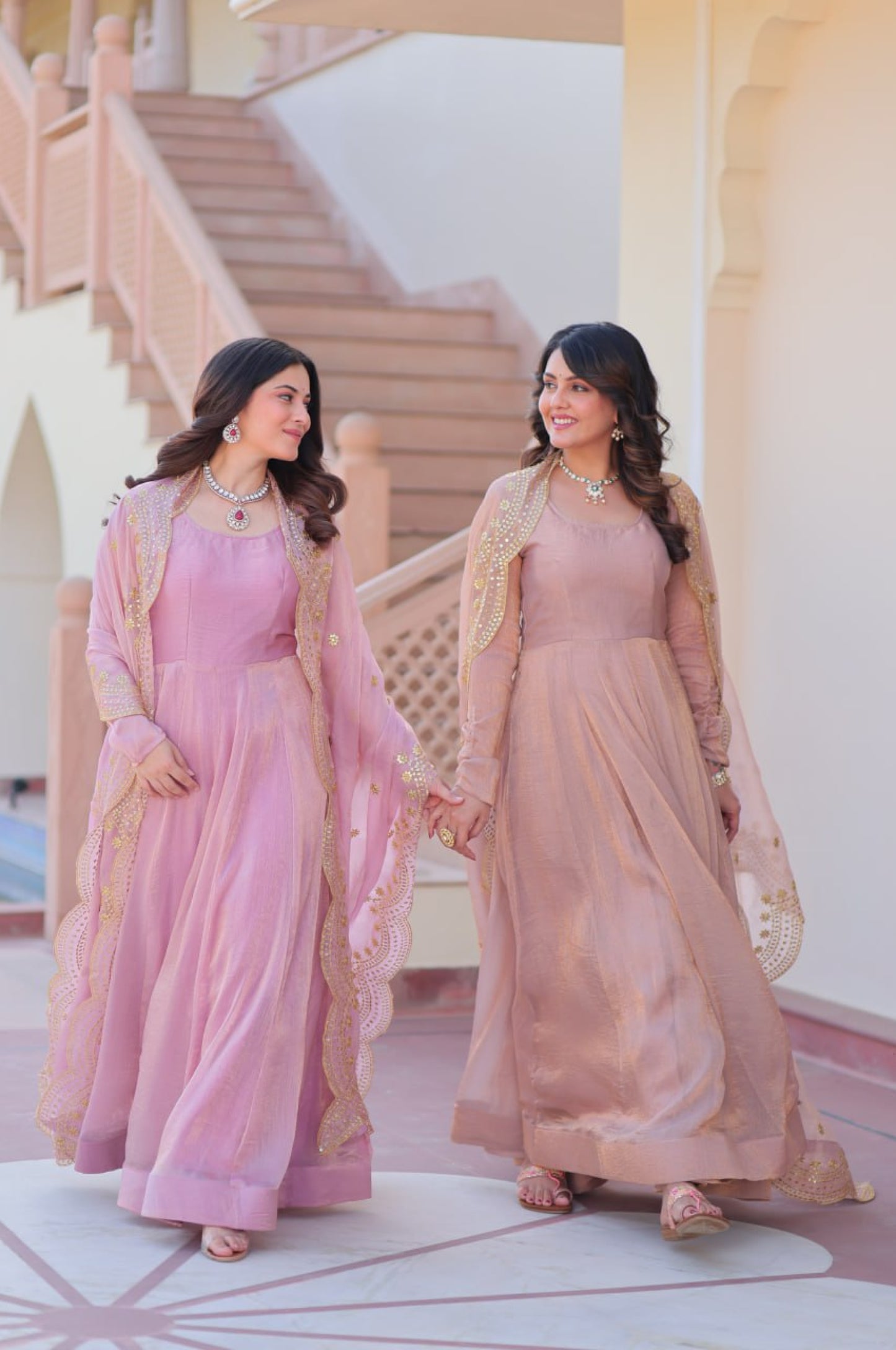Baby Pink & Light Cream Fendy Gown with Embroidered Dupatta