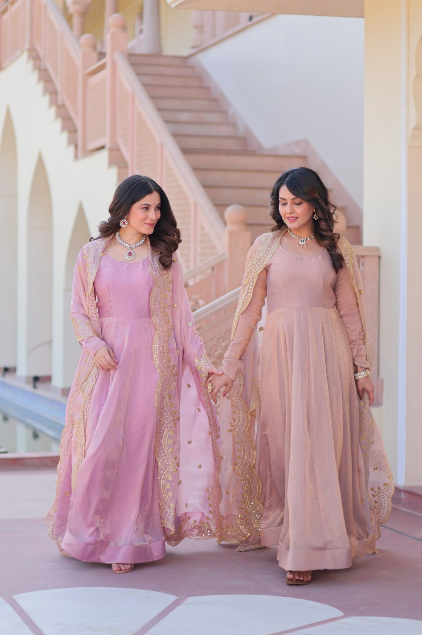 Baby Pink & Light Cream Fendy Gown with Embroidered Dupatta