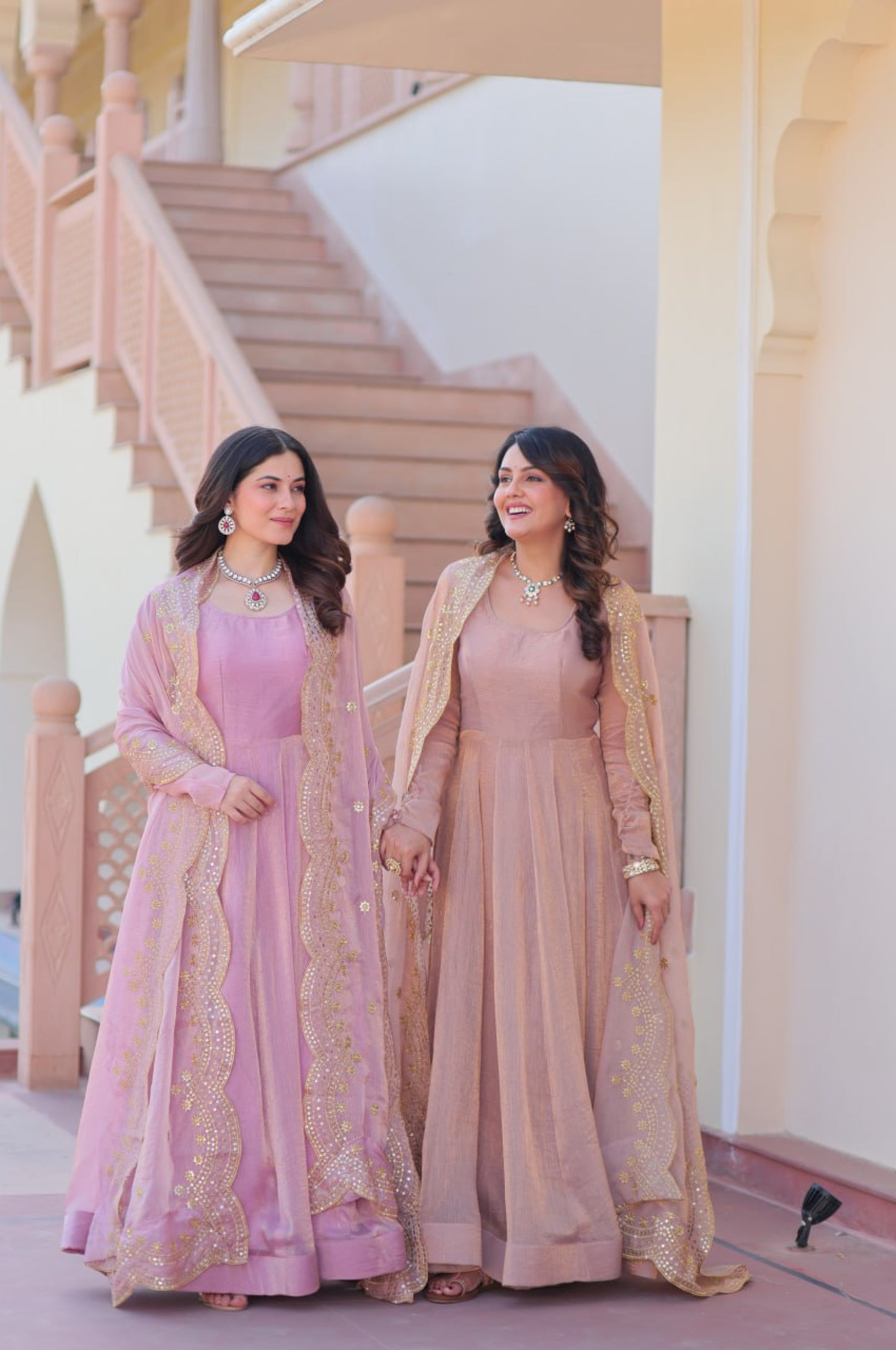 Baby Pink & Light Cream Fendy Gown with Embroidered Dupatta