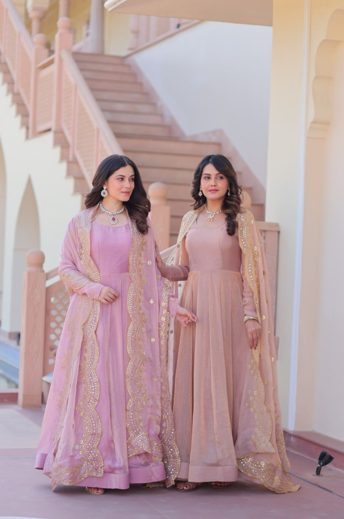 Baby Pink & Light Cream Fendy Gown with Embroidered Dupatta