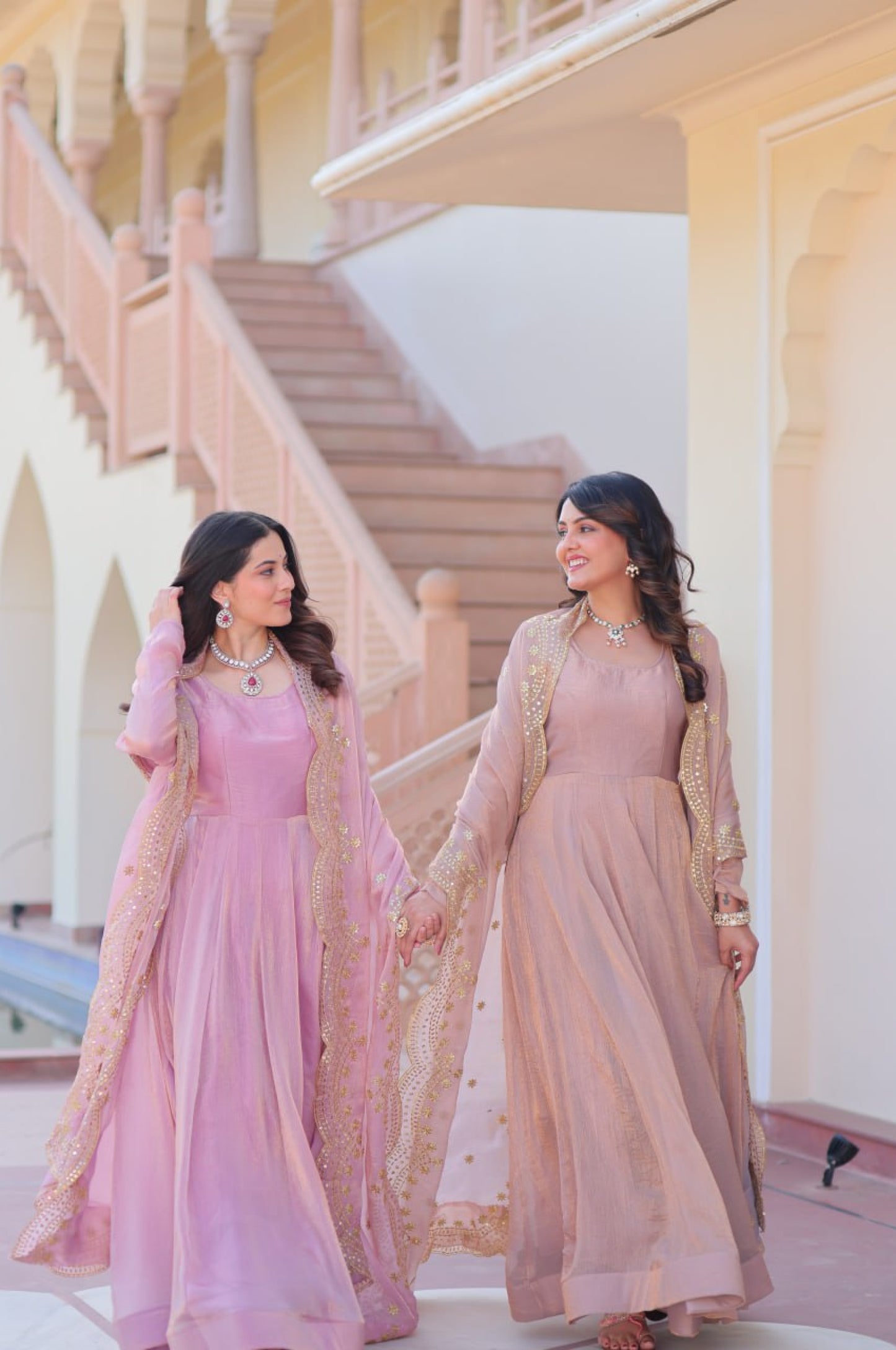 Baby Pink & Light Cream Fendy Gown with Embroidered Dupatta