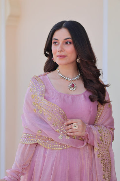 Baby Pink & Light Cream Fendy Gown with Embroidered Dupatta