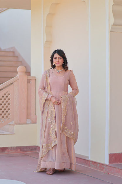 Baby Pink & Light Cream Fendy Gown with Embroidered Dupatta