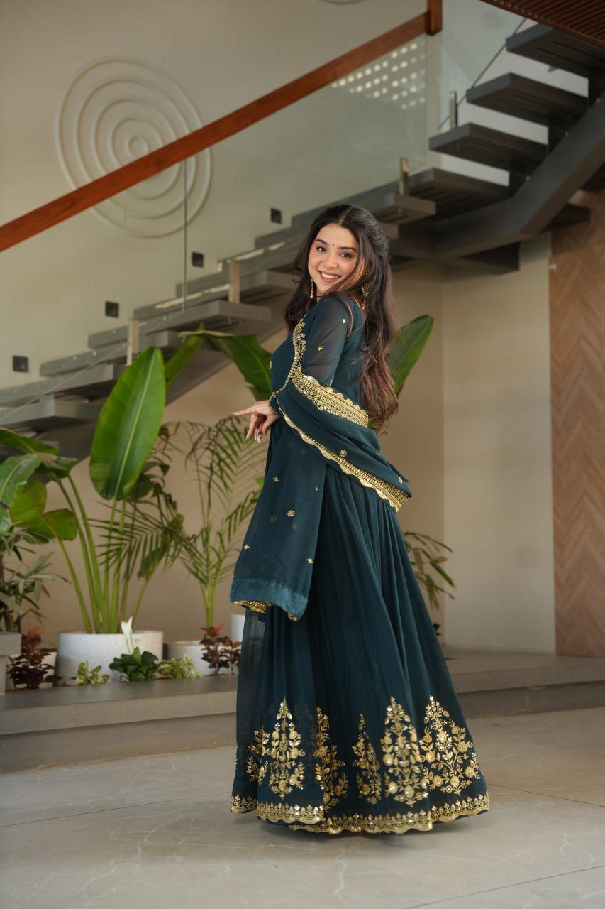 Green & Purple Premium Zari Embroidered Gown with Dupatta