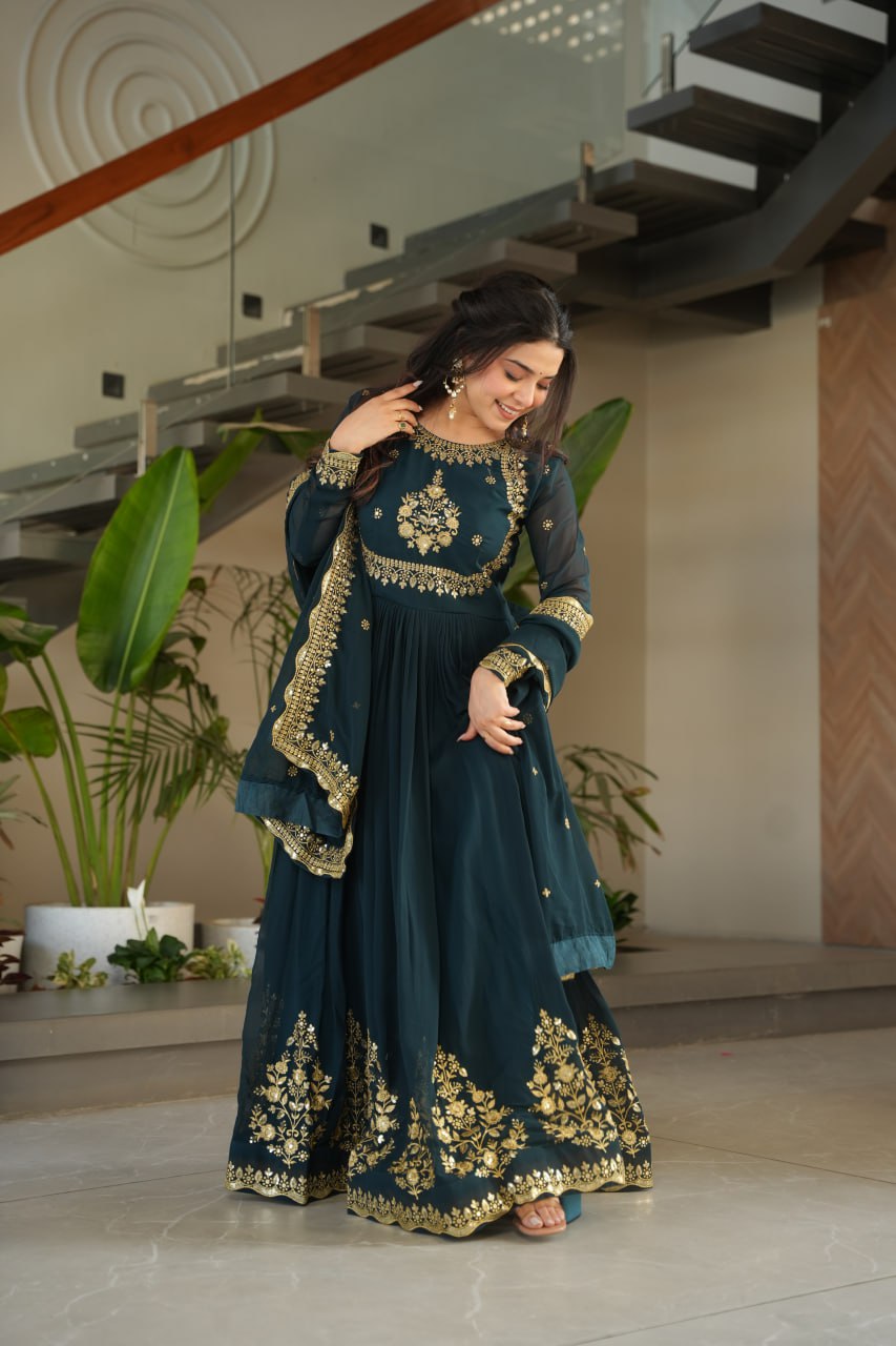 Green & Purple Premium Zari Embroidered Gown with Dupatta