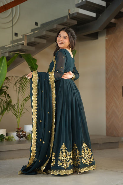 Green & Purple Premium Zari Embroidered Gown with Dupatta