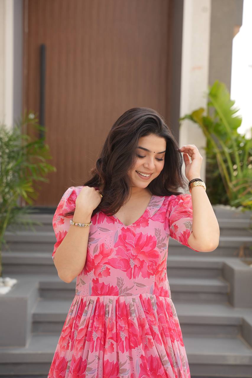 Premium Faux Georgette Printed Gown for Women (Peach, Purple, Sky)