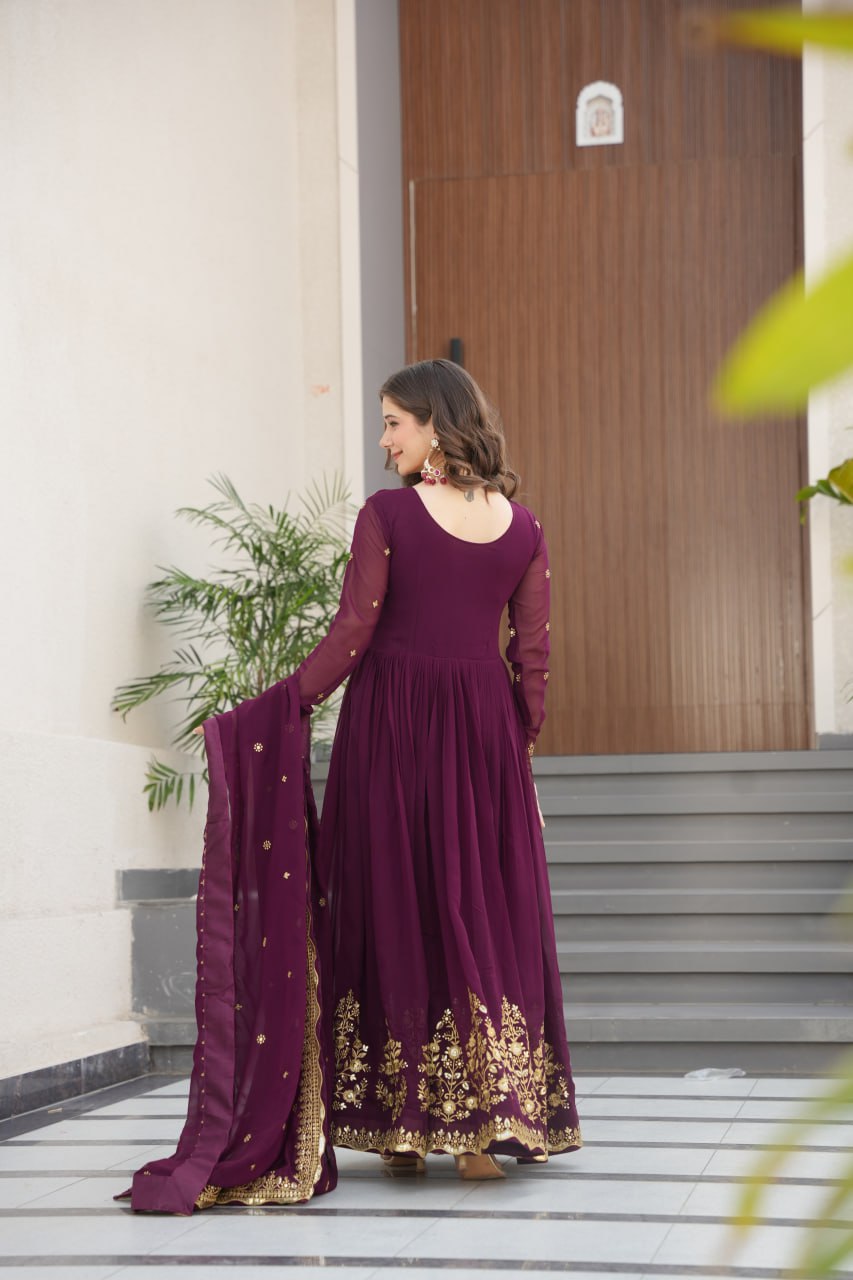 Green & Purple Premium Zari Embroidered Gown with Dupatta