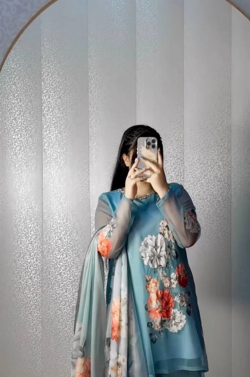 Fox Georgette Digital Print Sharara Suit with Real Hand Work & Organza Dupatta – Ready to Wear Elegance