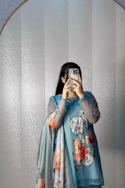 Fox Georgette Digital Print Sharara Suit with Real Hand Work & Organza Dupatta – Ready to Wear Elegance