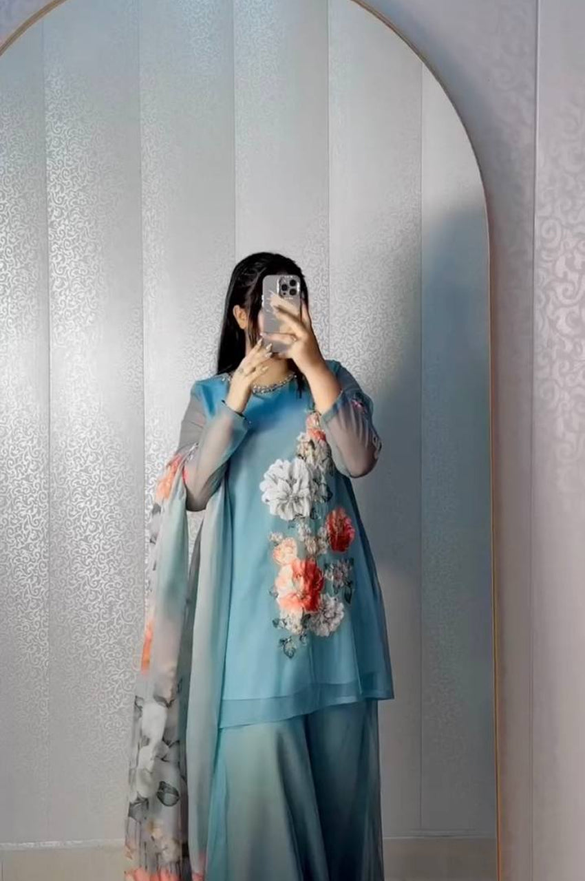 Fox Georgette Digital Print Sharara Suit with Real Hand Work & Organza Dupatta – Ready to Wear Elegance