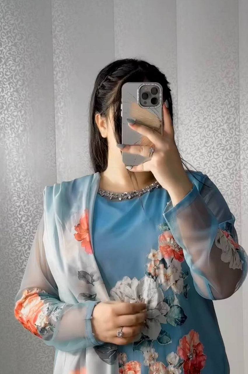 Fox Georgette Digital Print Sharara Suit with Real Hand Work & Organza Dupatta – Ready to Wear Elegance