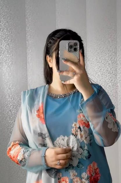 Fox Georgette Digital Print Sharara Suit with Real Hand Work & Organza Dupatta – Ready to Wear Elegance