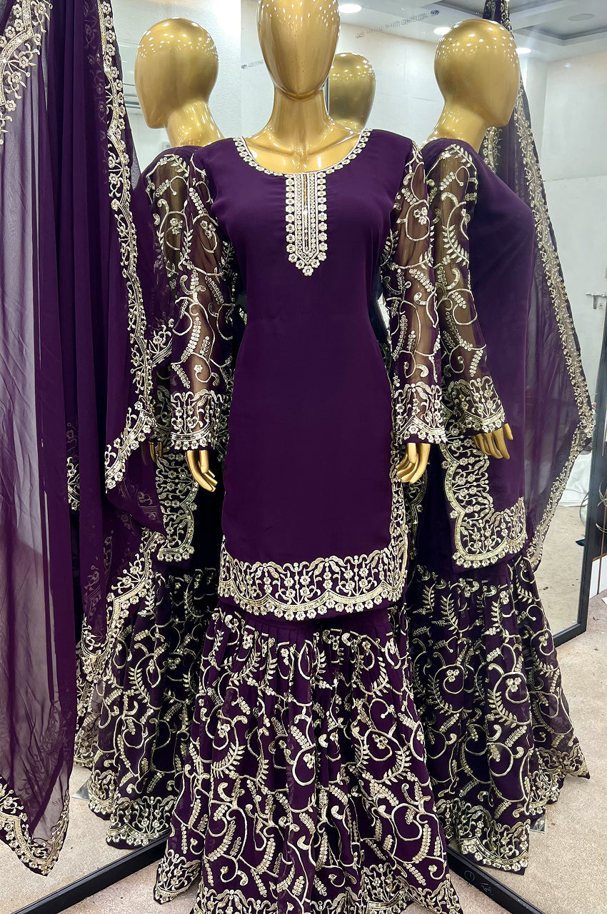 Purple Gharara Suit Set with Dupatta – Ready-to-Wear Collection