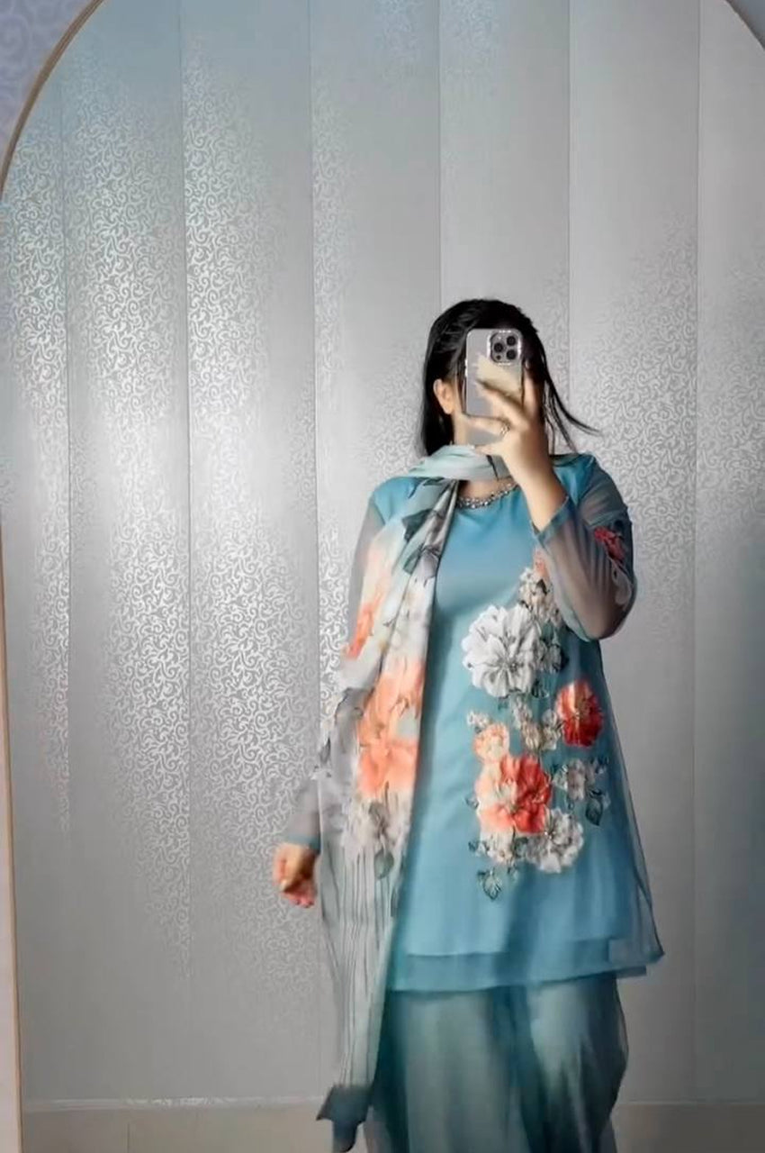 Fox Georgette Digital Print Sharara Suit with Real Hand Work & Organza Dupatta – Ready to Wear Elegance