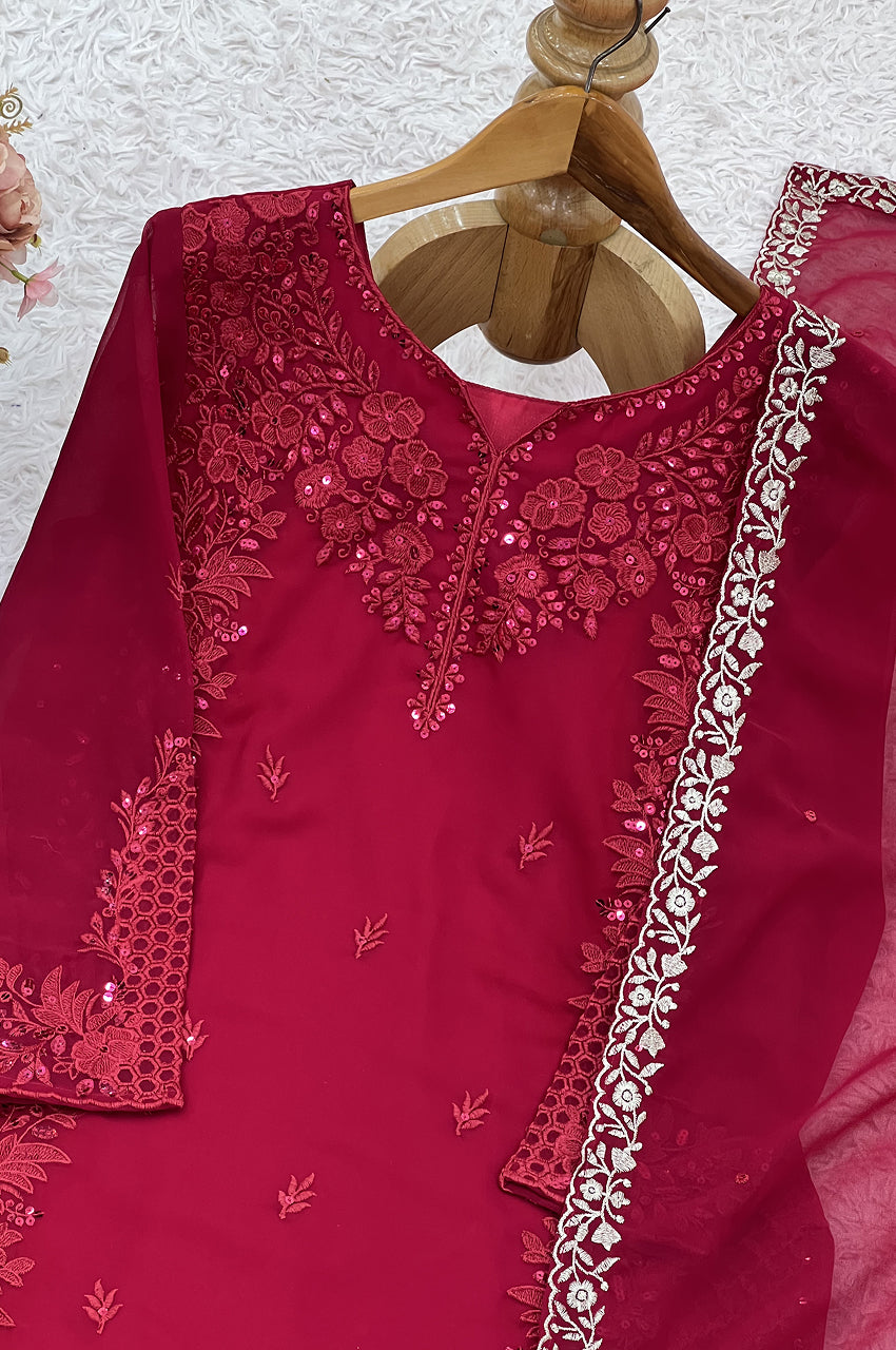 Faux Georgette Party Wear Set with Heavy Embroidery & Sequins – Top, Plazzo & Dupatta (Fully Stitched)