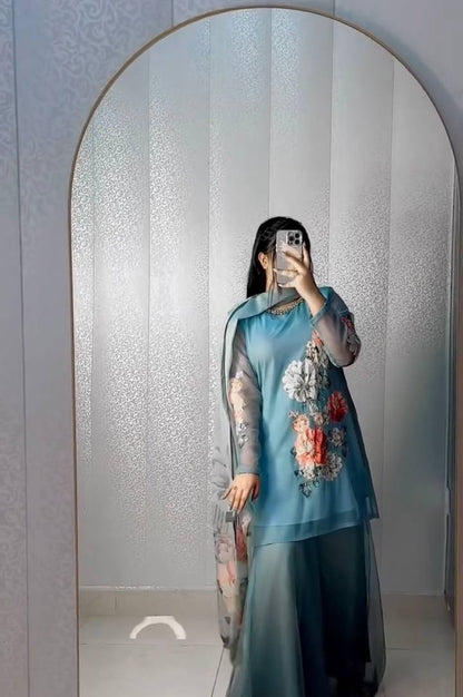 Fox Georgette Digital Print Sharara Suit with Real Hand Work & Organza Dupatta – Ready to Wear Elegance