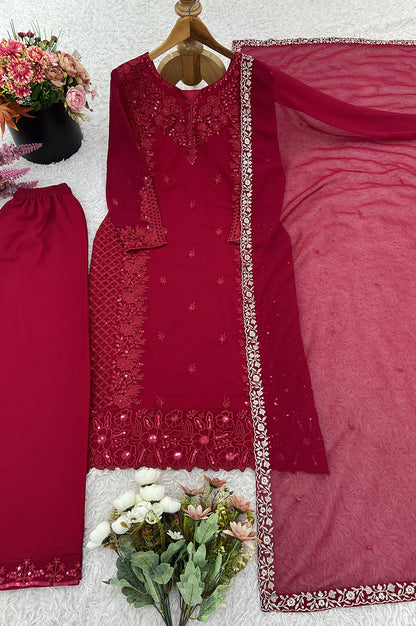 Faux Georgette Party Wear Set with Heavy Embroidery & Sequins – Top, Plazzo & Dupatta (Fully Stitched)