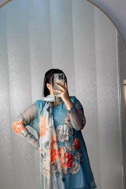 Fox Georgette Digital Print Sharara Suit with Real Hand Work & Organza Dupatta – Ready to Wear Elegance