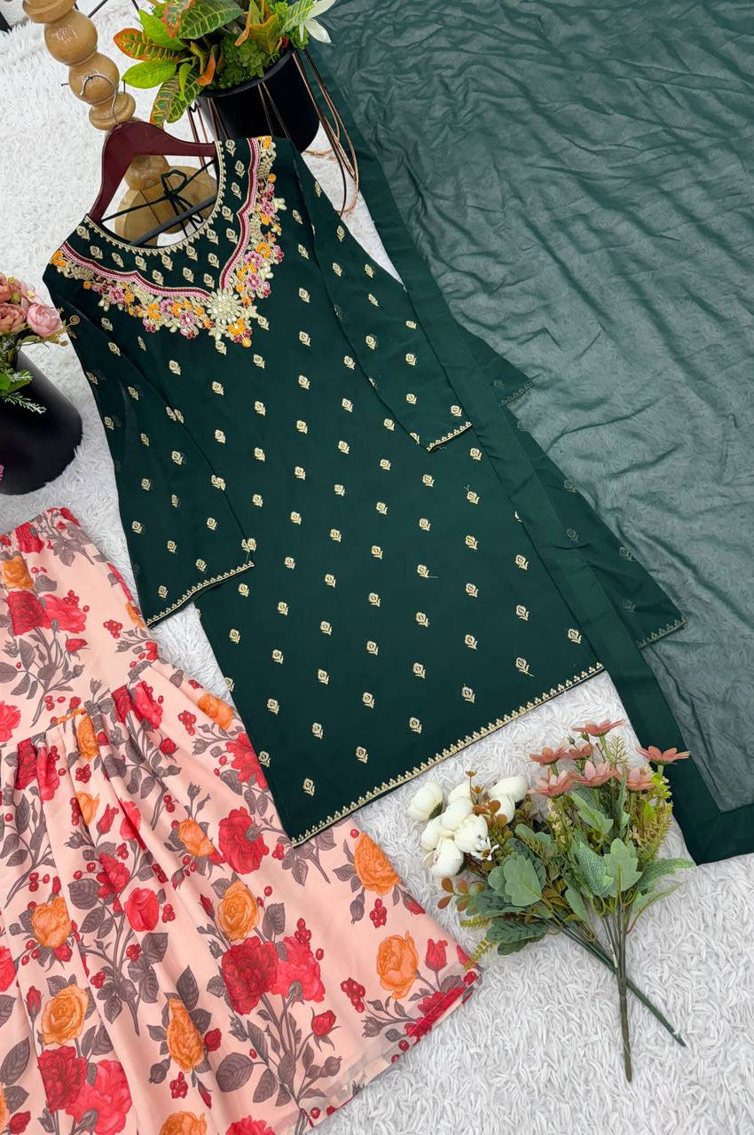 Fox Georgette Embroidered Sharara Suit with Printed Flair & Dupatta – Fully Stitched Elegance