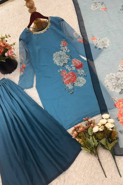 Fox Georgette Digital Print Sharara Suit with Real Hand Work & Organza Dupatta – Ready to Wear Elegance