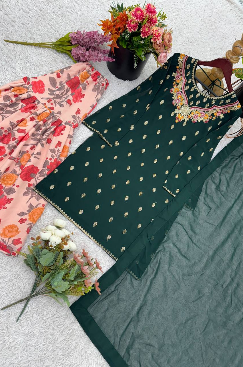 Fox Georgette Embroidered Sharara Suit with Printed Flair & Dupatta – Fully Stitched Elegance