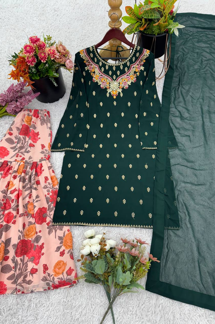 Fox Georgette Embroidered Sharara Suit with Printed Flair & Dupatta – Fully Stitched Elegance