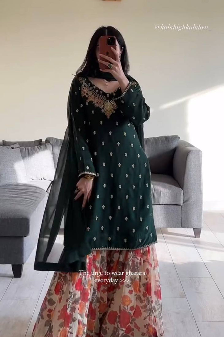 Fox Georgette Embroidered Sharara Suit with Printed Flair & Dupatta – Fully Stitched Elegance