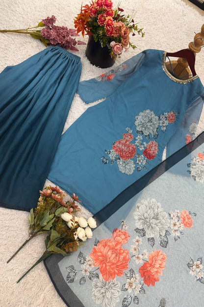 Fox Georgette Digital Print Sharara Suit with Real Hand Work & Organza Dupatta – Ready to Wear Elegance