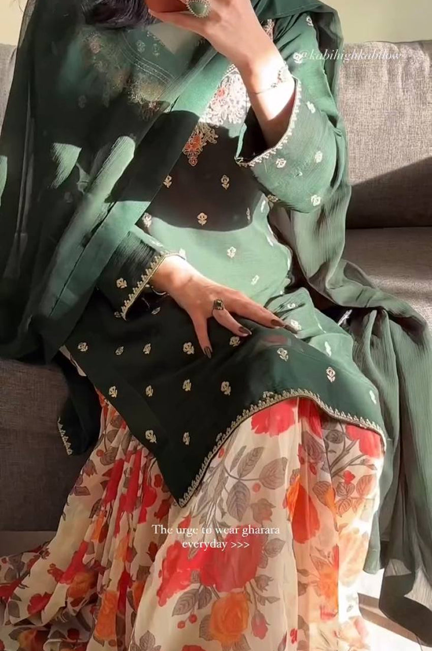 Fox Georgette Embroidered Sharara Suit with Printed Flair & Dupatta – Fully Stitched Elegance