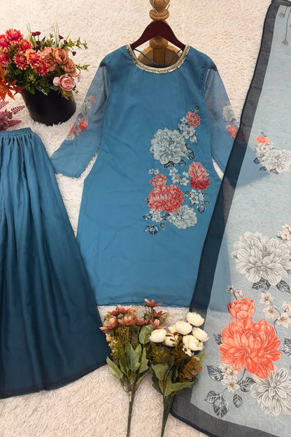 Fox Georgette Digital Print Sharara Suit with Real Hand Work & Organza Dupatta – Ready to Wear Elegance