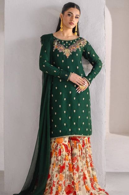 Fox Georgette Embroidered Sharara Suit with Printed Flair & Dupatta – Fully Stitched Elegance