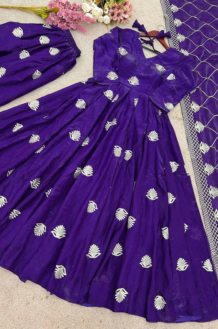 Fendy Silk Embroidered Gown Set with Sequins Work & Dupatta – Fully Stitched Elegance