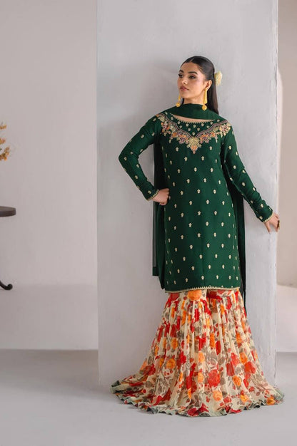 Fox Georgette Embroidered Sharara Suit with Printed Flair & Dupatta – Fully Stitched Elegance