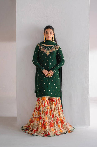 Fox Georgette Embroidered Sharara Suit with Printed Flair & Dupatta – Fully Stitched Elegance