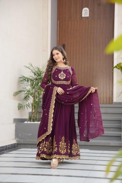 Green & Purple Premium Zari Embroidered Gown with Dupatta