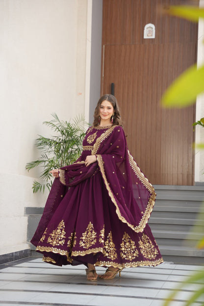 Green & Purple Premium Zari Embroidered Gown with Dupatta
