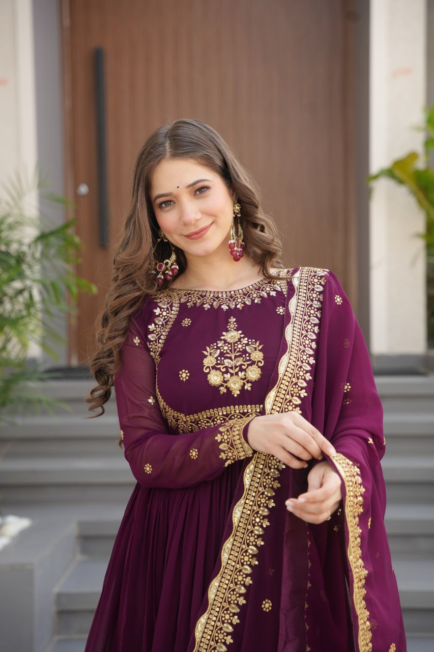 Green & Purple Premium Zari Embroidered Gown with Dupatta