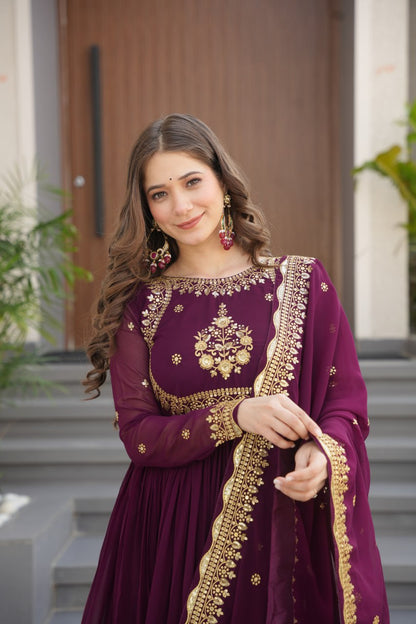 Green & Purple Premium Zari Embroidered Gown with Dupatta