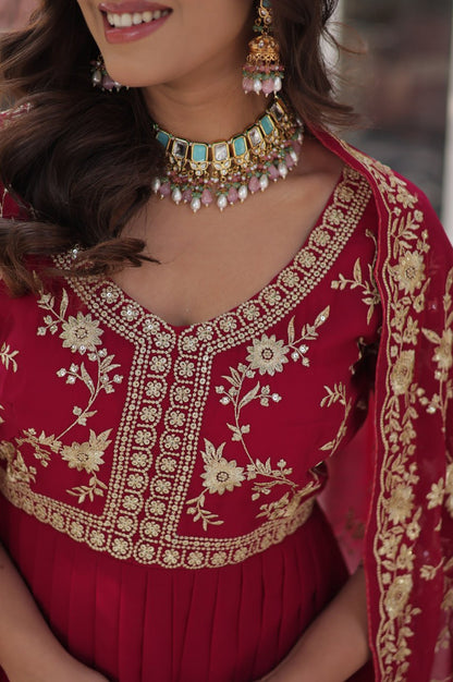 Premium Sequins Multi Embroidered Gown with Dupatta (Purple & Red)