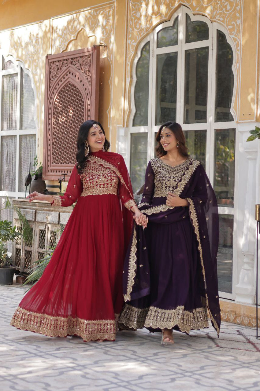 Red & Purple Embroidered Gown with Dupatta – Wear Designer Collection