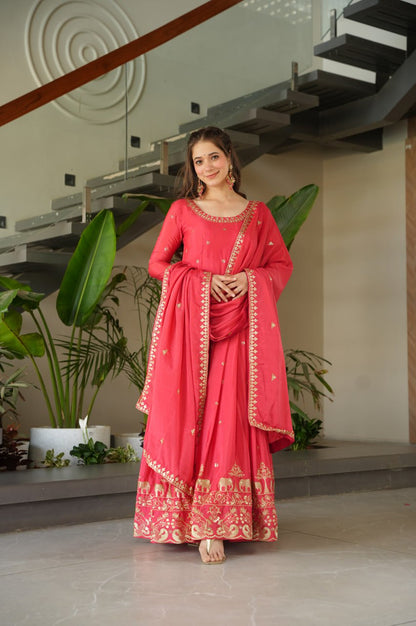 Premium Red Chinnon Embroidered Gown with Dupatta