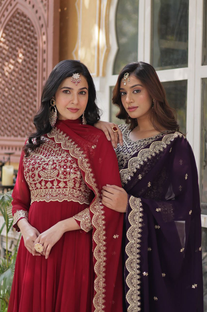 Red & Purple Embroidered Gown with Dupatta – Wear Designer Collection