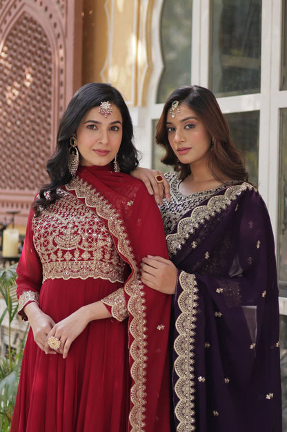 Red & Purple Embroidered Gown with Dupatta – Wear Designer Collection
