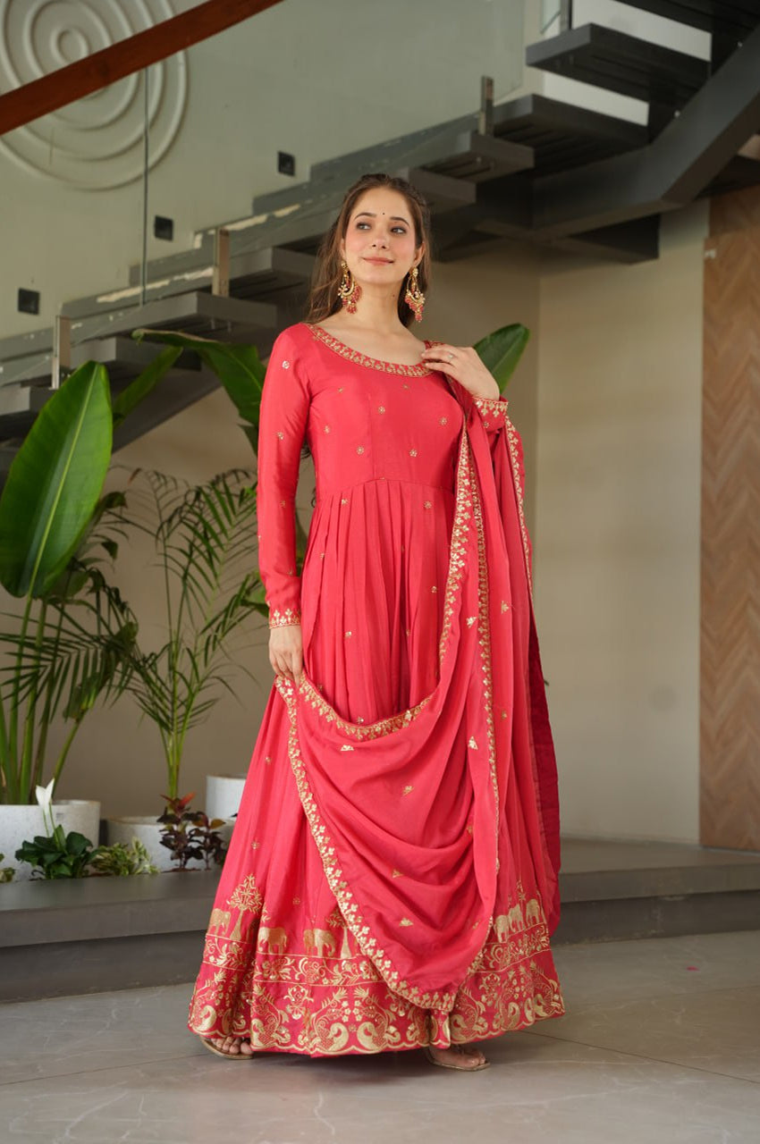 Premium Red Chinnon Embroidered Gown with Dupatta