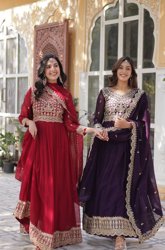 Red & Purple Embroidered Gown with Dupatta – Wear Designer Collection