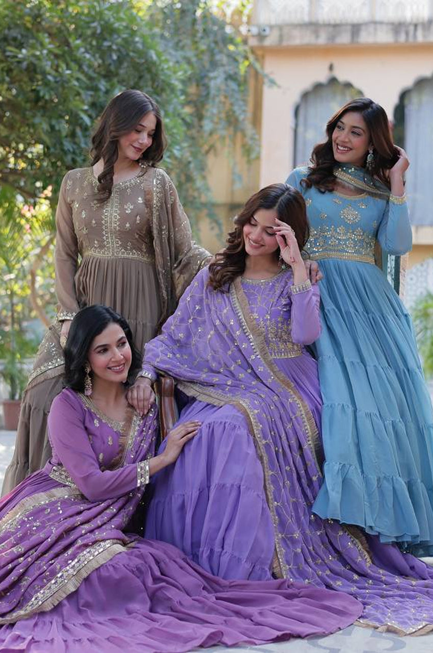 Premium Star Georgette Heavy Flair Gown with Embroidered Dupatta