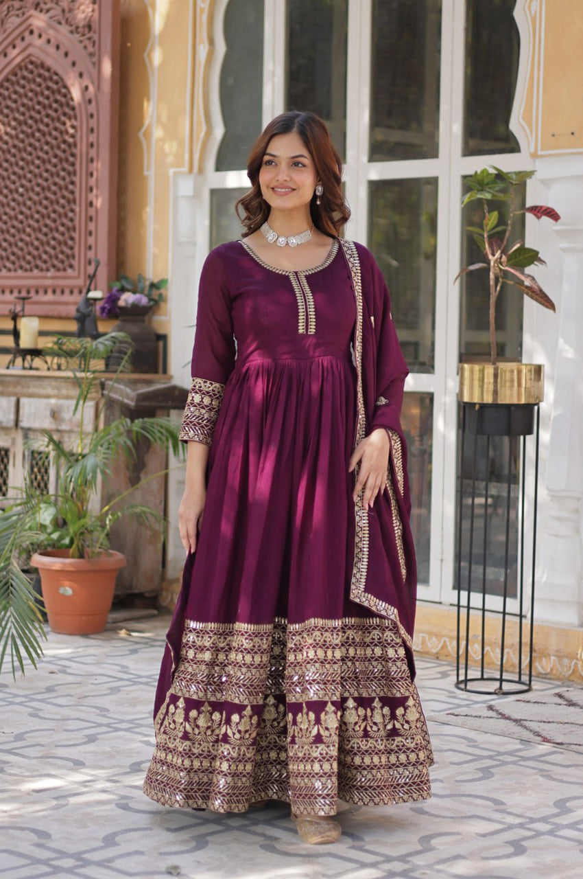 Shimmer Vichitra Embroidered Gown with Dupatta – Round Neck Edition